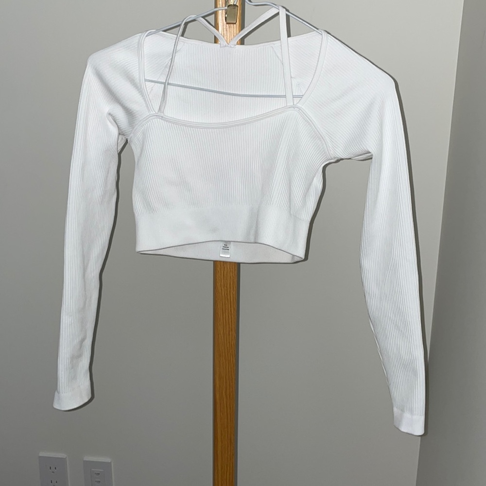 White Sports Athletic Bralette Long sleeve crop Top